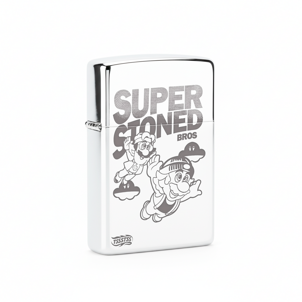 Isqueiro Cromado Polido 'Super Stoned Bros' detalhe 3